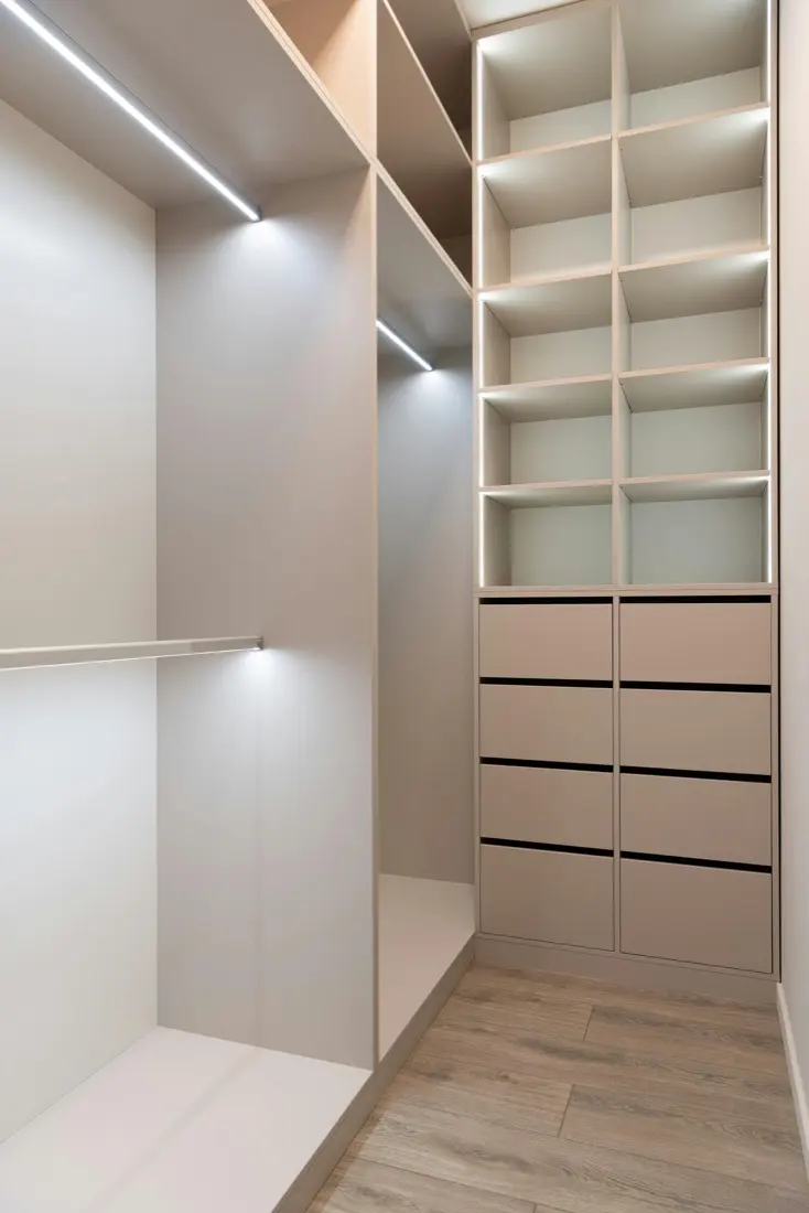 After: finished custom closet system with LED lighting